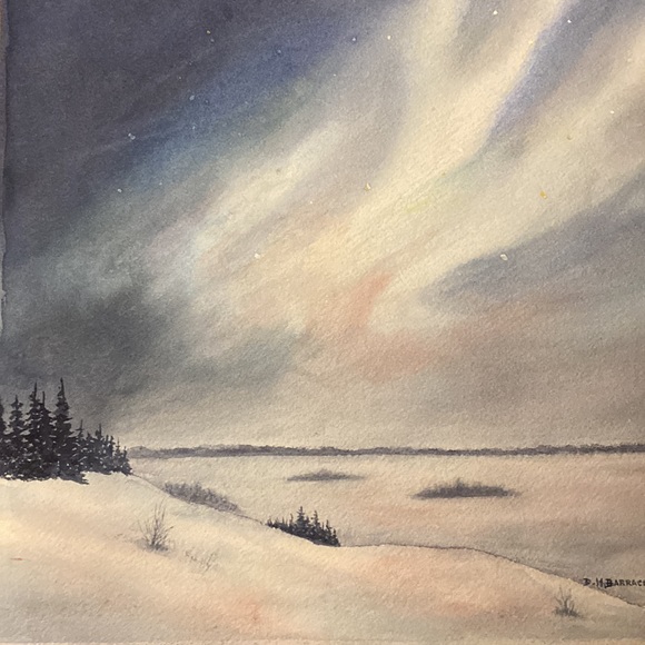 Unframed Original Art Watercolour Painting Aurora Borealis w Trees Ice & Snow - Picture 5 of 5